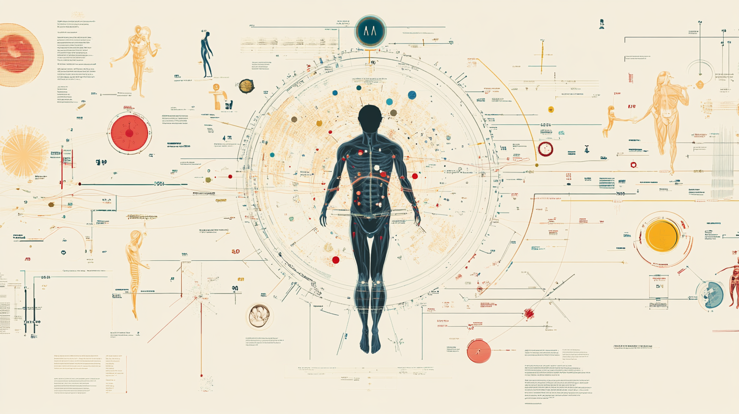 The image is a complex infographic featuring a human silhouette at the center, surrounded by various scientific and anatomical diagrams. The silhouette is overlaid with lines and dots, indicating different data points or systems within the body. Around the central figure, there are numerous charts, graphs, and illustrations, including depictions of human anatomy, cells, and abstract symbols. The overall design is intricate, with a blend of artistic and scientific elements, suggesting a focus on human biology or physiology.