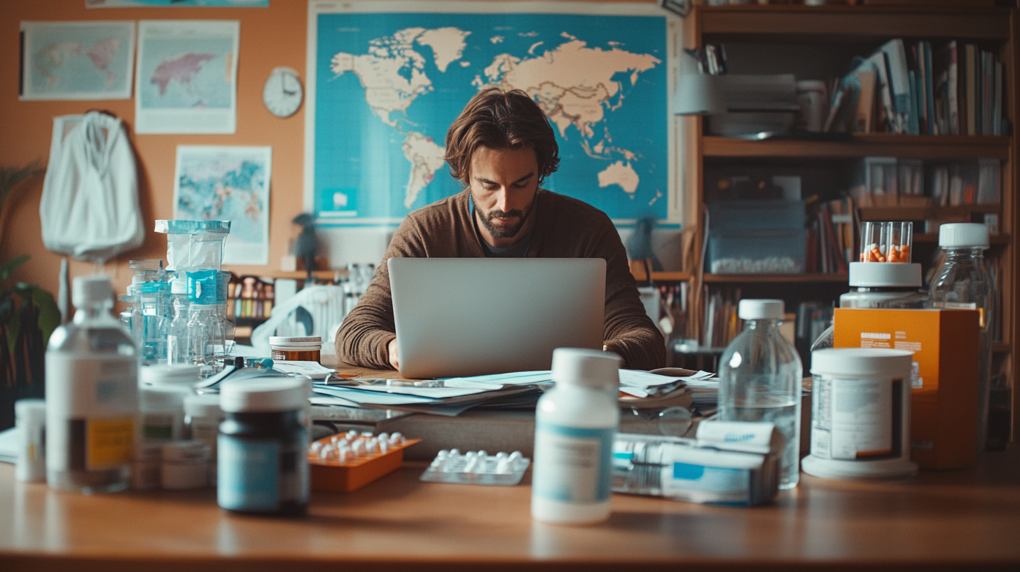 A man is sitting at a cluttered desk, working on a laptop. The desk is covered with various bottles, containers, and papers. In the background, there are shelves filled with books and a large world map on the wall. The setting appears to be a study or office space.