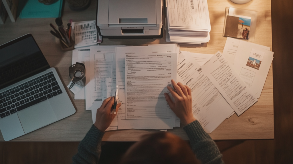 The image shows a person sitting at a desk covered with various documents and papers. They are holding a pen and reviewing a document. On the desk, there is also a laptop, a printer, a stack of papers, a cup of coffee, and a few office supplies like pens and a calculator. The setting appears to be a home or office workspace.