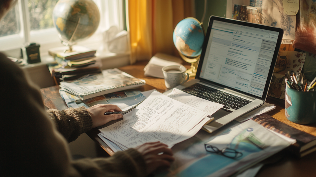 A person is sitting at a cluttered desk with a laptop displaying a webpage. They are holding a pen and looking at handwritten notes on paper. The desk also has a globe, a cup of coffee, stacks of books and papers, and a container with pens. Sunlight is streaming in through a window, creating a warm atmosphere.