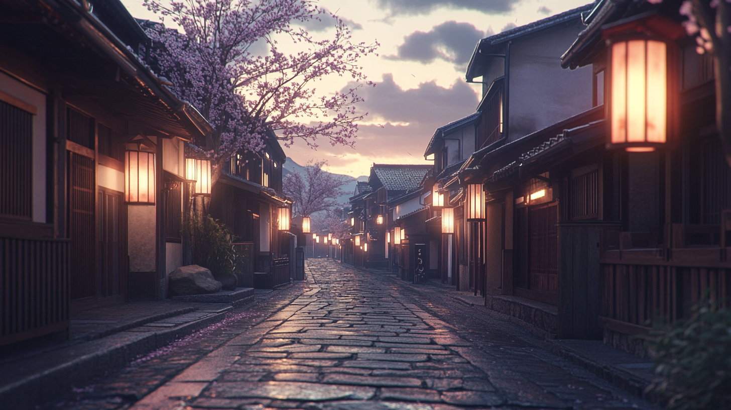 A serene, narrow street in a traditional Japanese village at dusk. The street is lined with wooden houses, each adorned with glowing lanterns. Cherry blossom trees with pink flowers are visible, and the sky is a mix of soft purple and orange hues, suggesting sunset. The cobblestone path is slightly wet, reflecting the warm light from the lanterns.