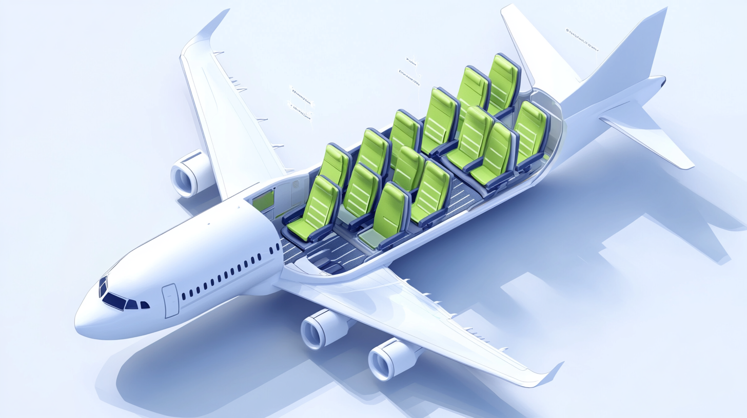 The image shows a cutaway view of an airplane, revealing the interior seating arrangement. The plane has two rows of green seats with blue armrests, arranged in a single aisle configuration. The exterior of the plane is white, and the wings and engines are visible.