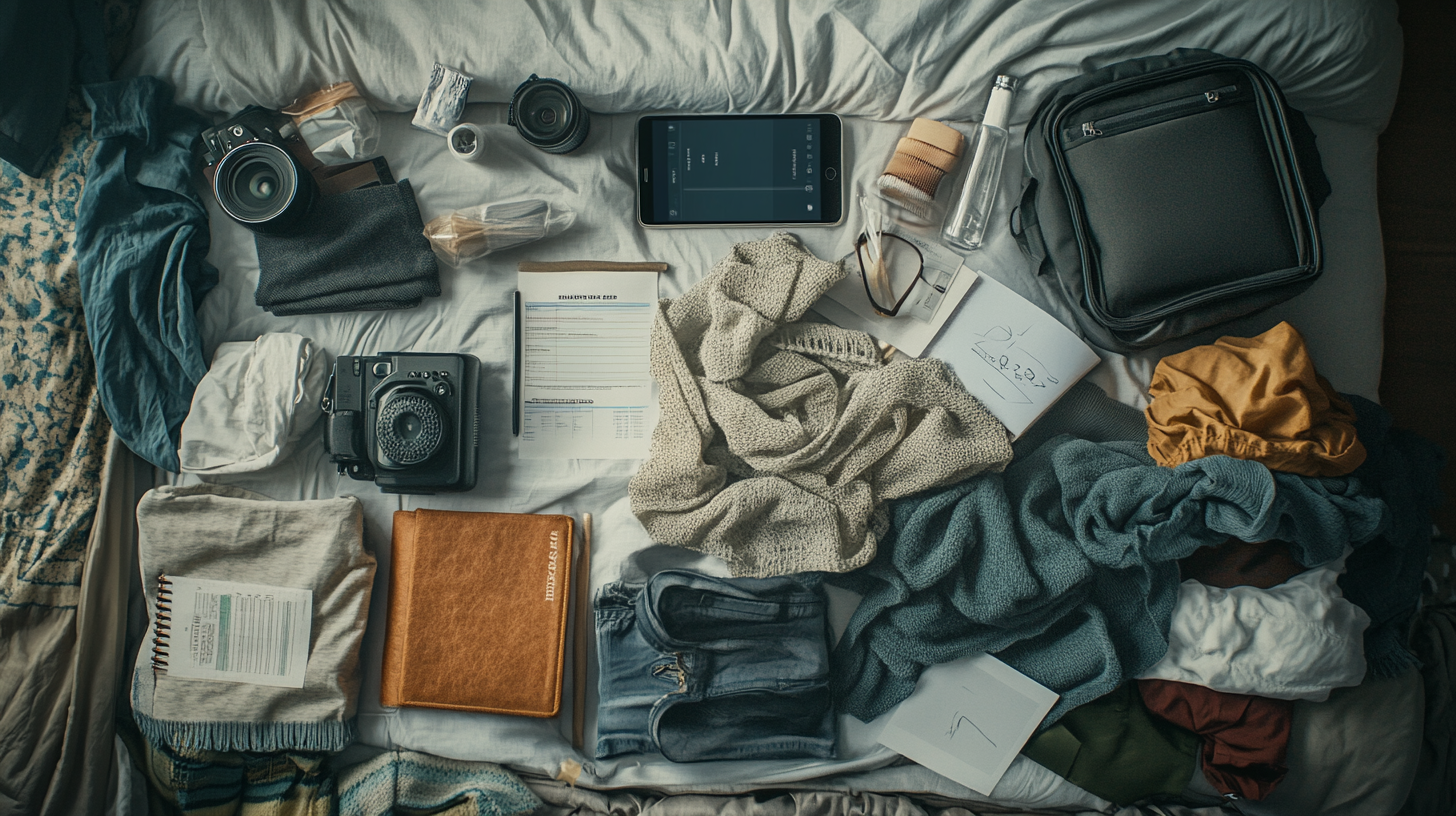 A cluttered bed with various items spread out, including two cameras, a smartphone, a notebook, a clipboard with paper, a pair of glasses, a water bottle, a black backpack, and several pieces of clothing. There are also some folded jeans, a brown leather journal, and a few other small objects like a lens and a roll of tape. The scene suggests preparation for travel or an organized packing process.