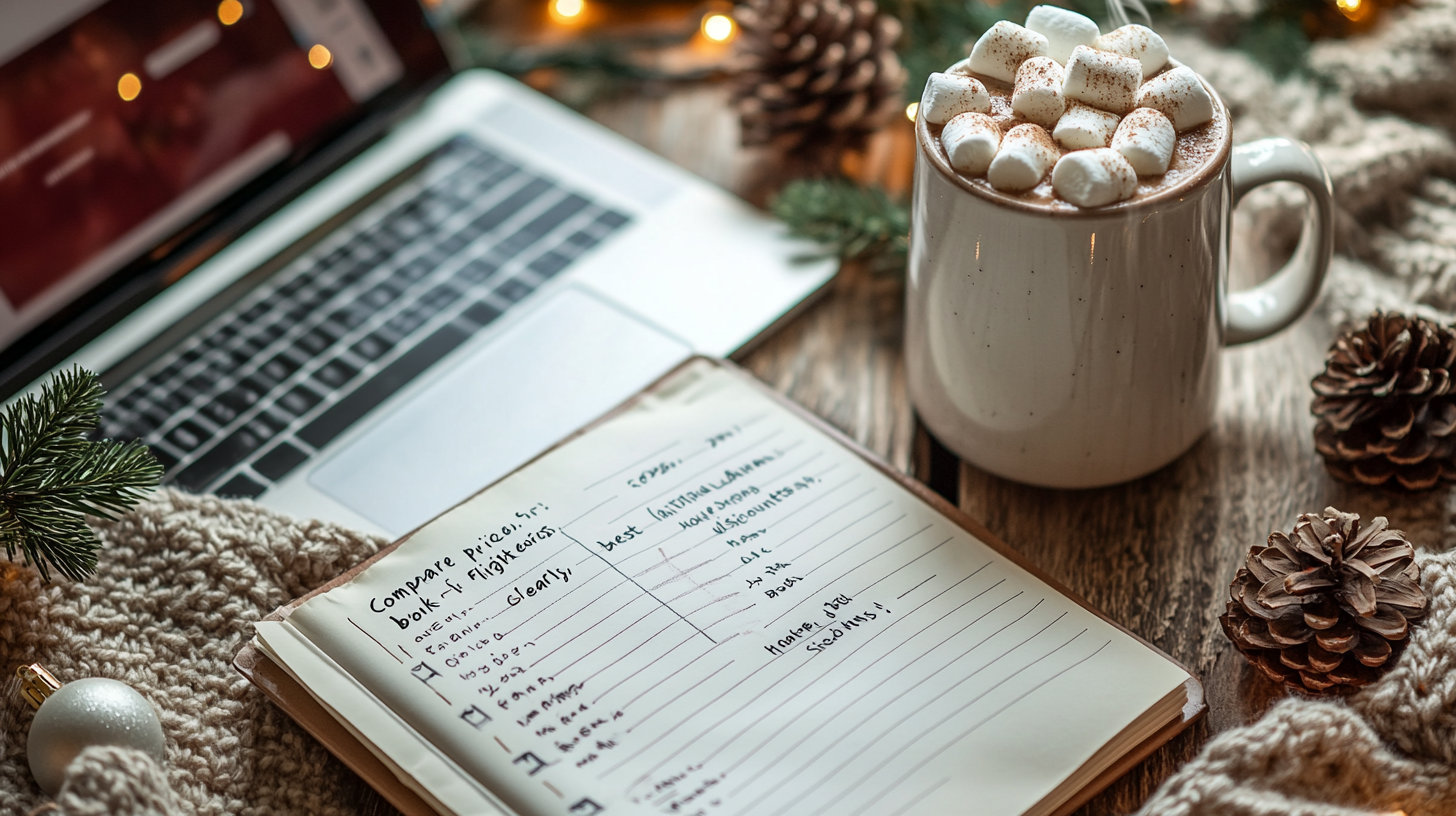 A cozy scene featuring an open notebook with handwritten notes, a laptop, and a mug of hot chocolate topped with marshmallows. The setting includes pinecones, a knitted blanket, and a small evergreen branch, creating a warm, festive atmosphere.