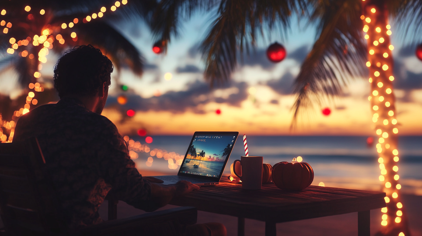 A person is sitting at a table on a beach, using a laptop. The scene is set during sunset, with a beautiful sky and ocean in the background. The area is decorated with string lights and red ornaments hanging from palm trees. On the table, there is a mug with a candy cane and a small pumpkin. The atmosphere is warm and festive.