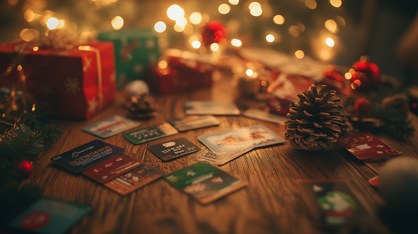 The image shows a festive holiday scene with several gift cards scattered on a wooden table. There are pinecones, evergreen branches, and red ornaments adding to the Christmas theme. In the background, there are wrapped gifts with ribbons and blurred warm lights, creating a cozy atmosphere.