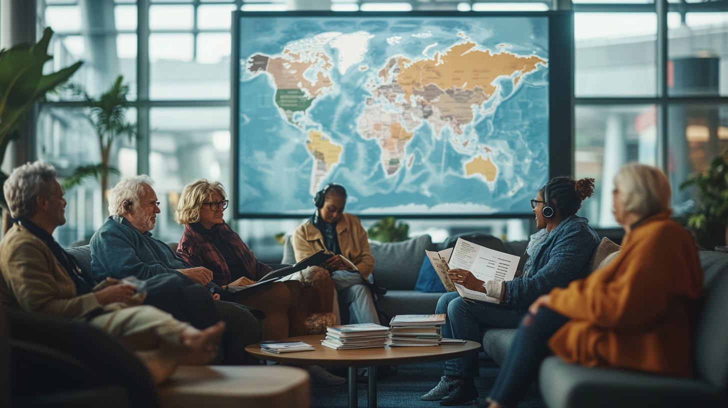 A group of people is sitting in a lounge area, engaged in reading and conversation. They are surrounded by comfortable seating and a table with stacks of books. In the background, there is a large world map displayed on the wall. Some individuals are wearing headphones, suggesting a focus on listening or learning. The setting appears to be a modern, well-lit space, possibly a library or educational center.