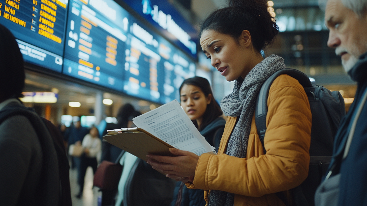 A woman in a yellow jacket and gray scarf is standing in an airport, holding a clipboard with documents. She appears focused and slightly concerned. Behind her, another woman is looking at the documents. In the background, there is a large digital display board showing flight information, and several people are walking around.