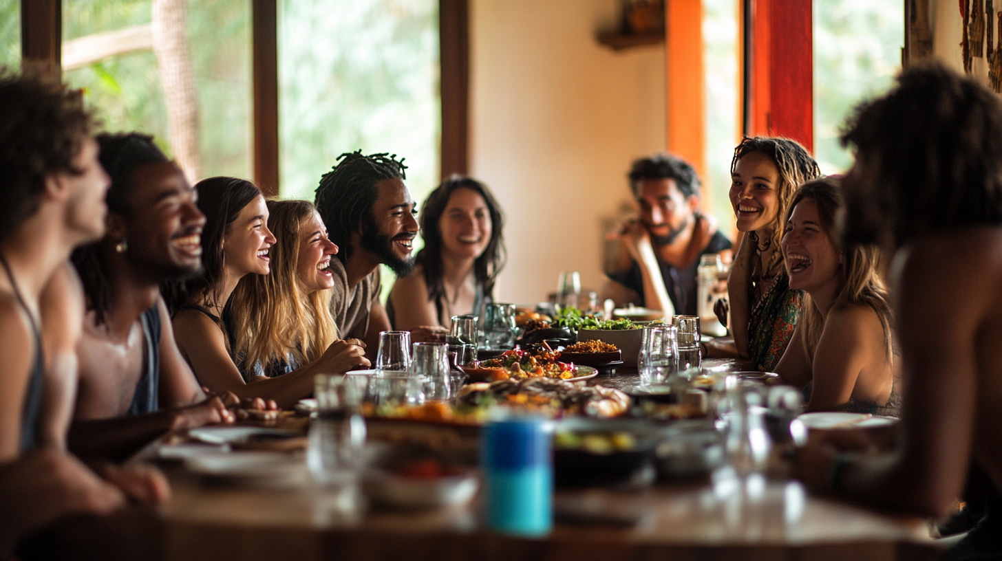 A group of people is sitting around a large table, enjoying a meal together. They are smiling and laughing, creating a joyful and lively atmosphere. The table is filled with various dishes and drinks, and the setting appears to be indoors with natural light coming through the windows.