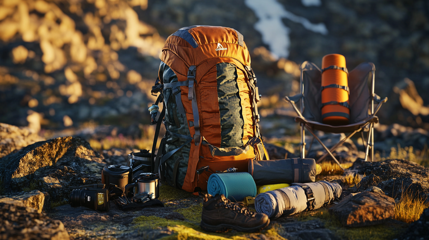 The image shows a camping setup on rocky terrain. There is a large orange and green hiking backpack with various camping gear around it, including a pair of hiking boots, a rolled-up sleeping bag, a blue foam mat, and a camera with lenses. To the right, there is a foldable camping chair with an orange sleeping pad strapped to it. The background features a blurred view of rocks and vegetation, suggesting a mountainous or rugged outdoor environment.