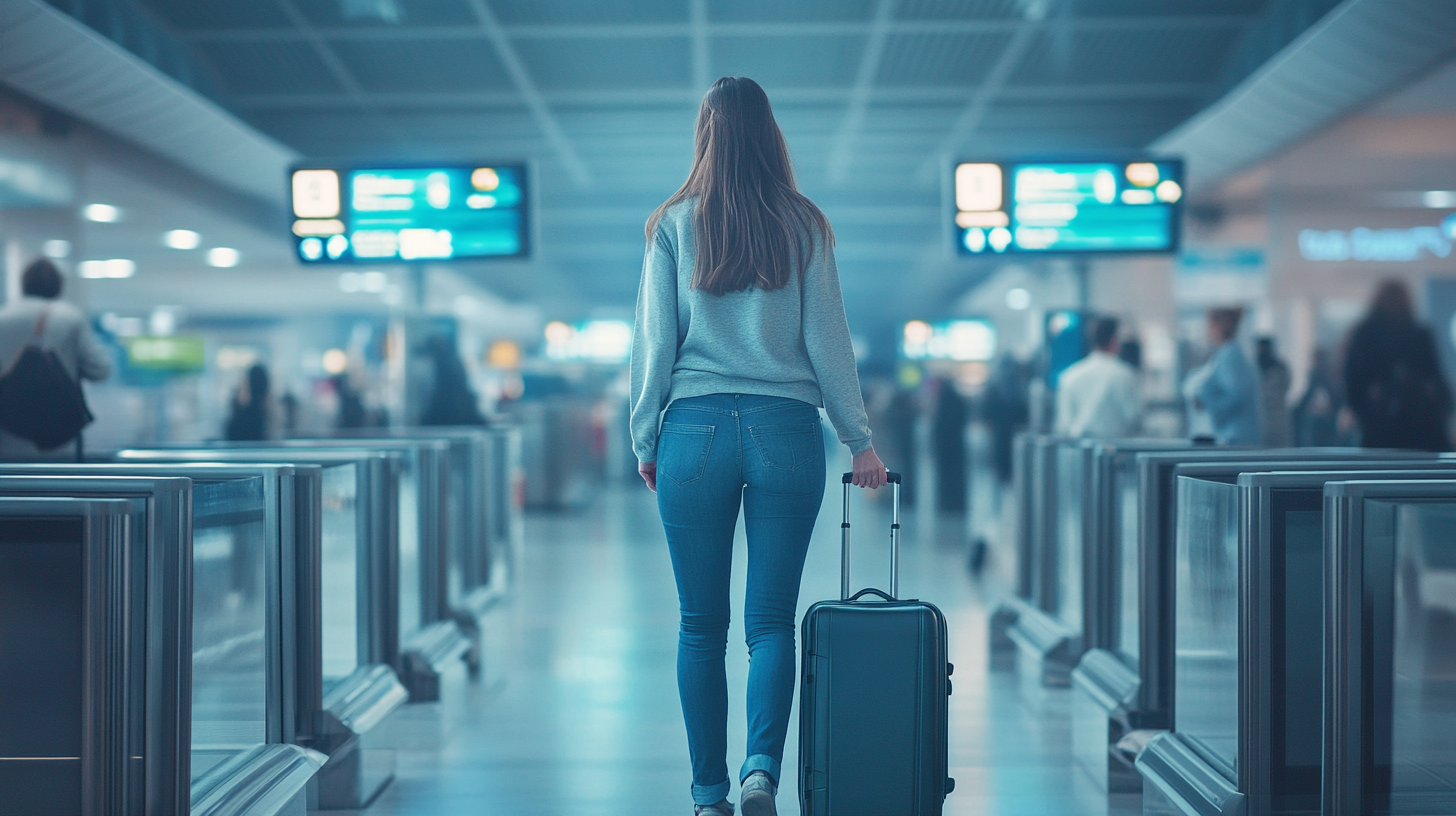 A woman is walking through an airport terminal, pulling a suitcase. She is wearing a gray sweater and jeans. The terminal is busy with other travelers, and there are information screens visible in the background.
