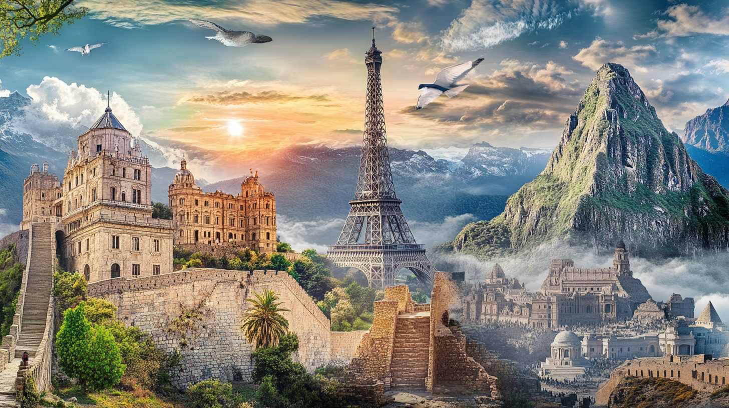 A surreal collage featuring famous landmarks and landscapes. On the left, there is a large, historic stone building with towers and a staircase. In the center, the Eiffel Tower stands prominently against a backdrop of mountains and a colorful sky. On the right, a steep, green mountain rises above a misty valley with more historic buildings. Birds are flying in the sky, and the scene is bathed in warm sunlight.