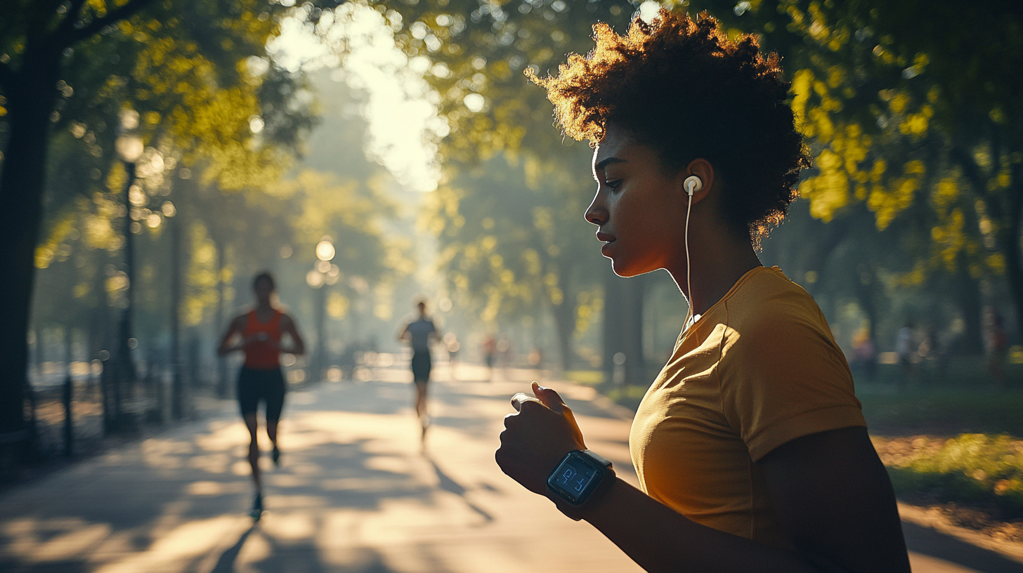 A person is jogging in a sunlit park, wearing earphones and a smartwatch. The background shows other people running and trees with sunlight filtering through the leaves.