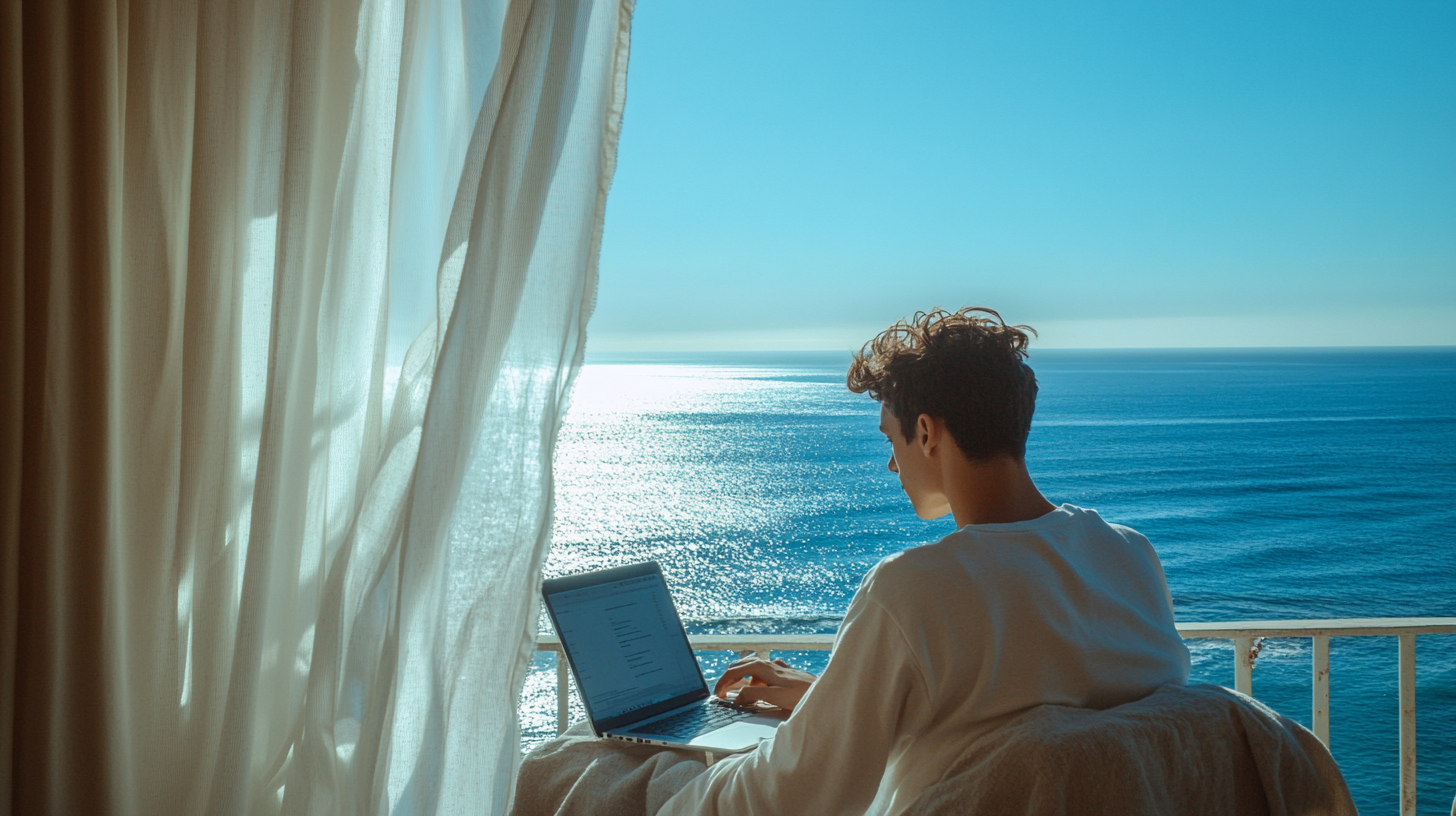 A person is sitting on a balcony with a laptop, looking out at a bright, sunlit ocean. The scene is framed by sheer curtains on the left, and the water reflects the sunlight, creating a serene and peaceful atmosphere.