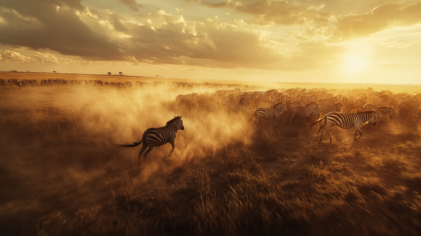 A herd of zebras is running across a dusty savanna at sunset. The sky is filled with dramatic clouds, and the sun casts a warm, golden light over the scene, highlighting the dust kicked up by the zebras.