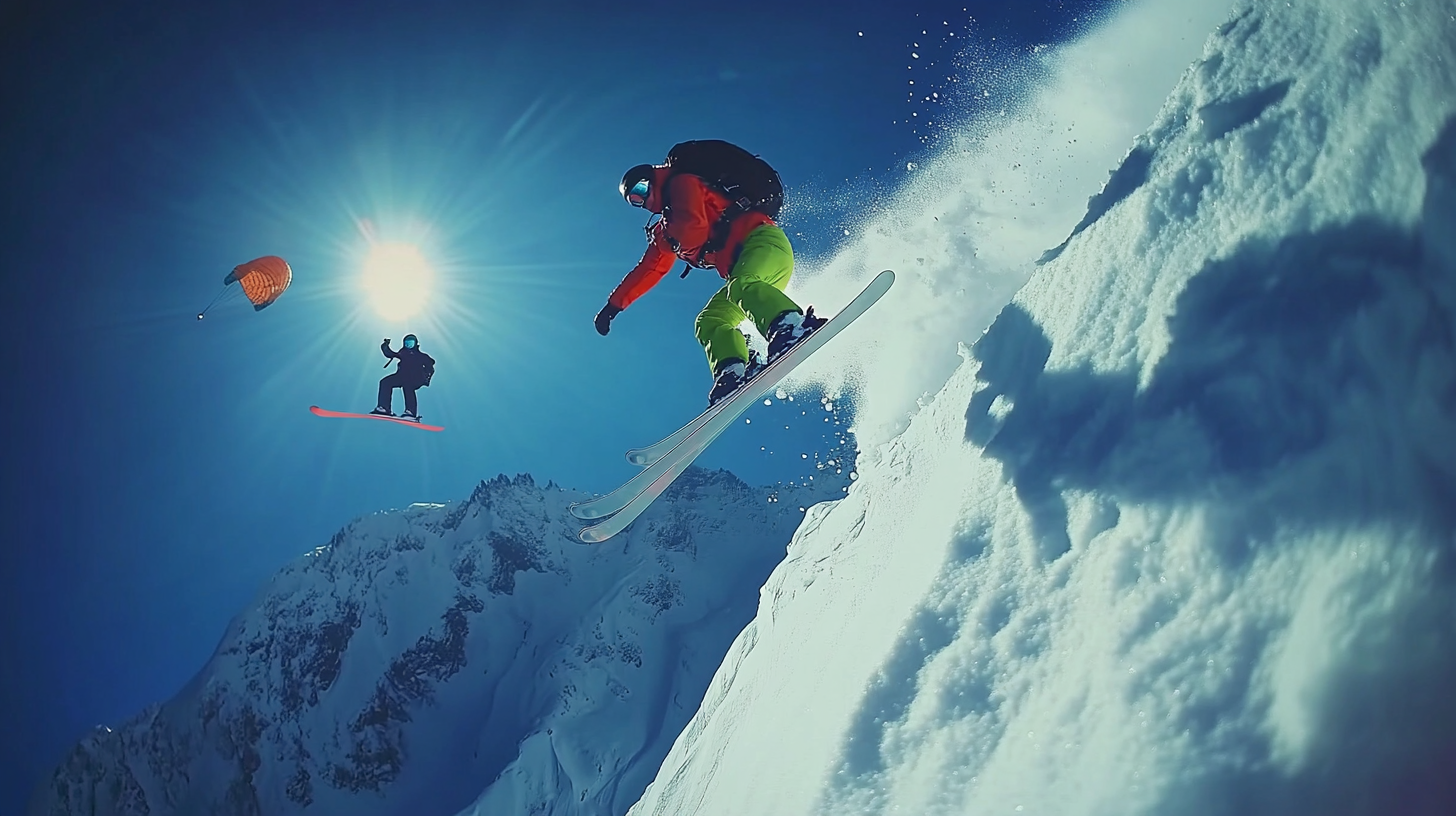 A skier in bright clothing is performing a jump off a snowy mountain slope, with snow spraying around them. In the background, another person is paragliding with an orange parachute against a clear blue sky and bright sun. Snow-covered peaks are visible in the distance.