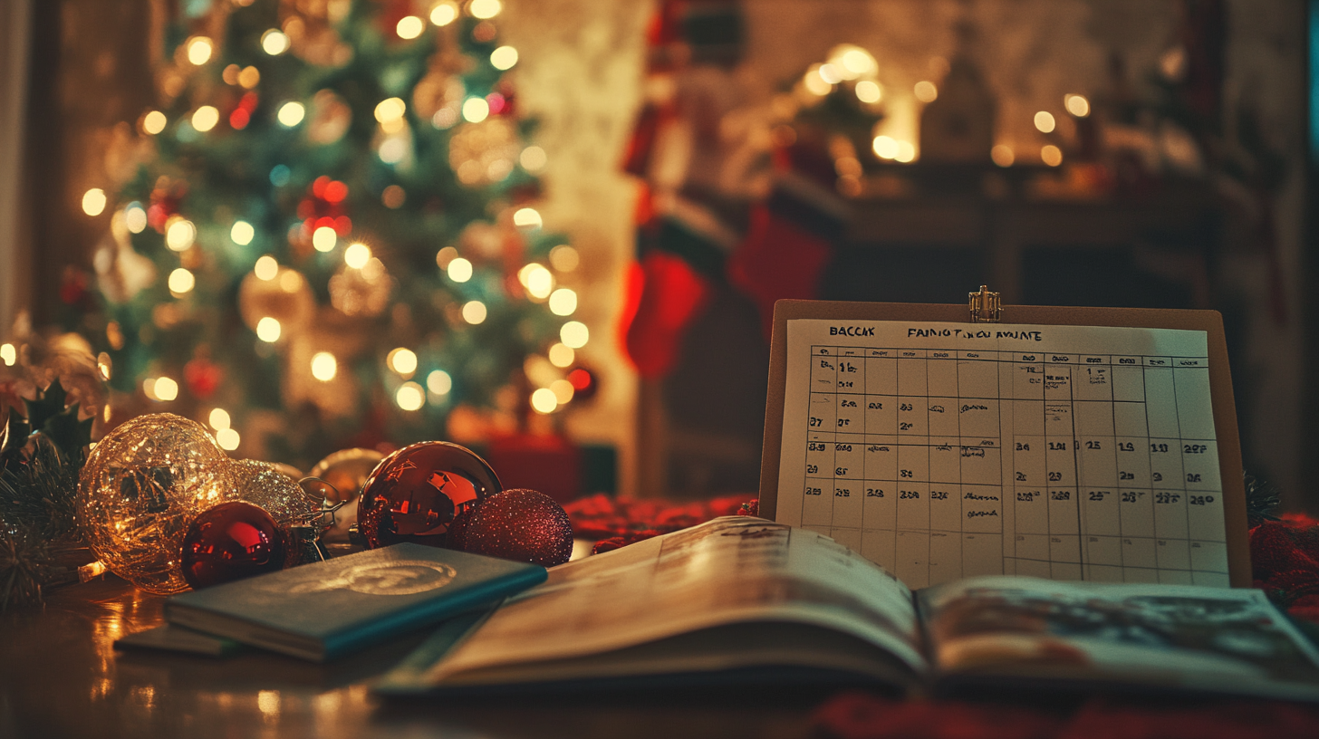 The image shows a cozy Christmas scene with a decorated tree in the background, adorned with lights and ornaments. In the foreground, there is a table with a calendar on a clipboard, some Christmas ornaments, and an open book. The setting is warmly lit, creating a festive and inviting atmosphere.