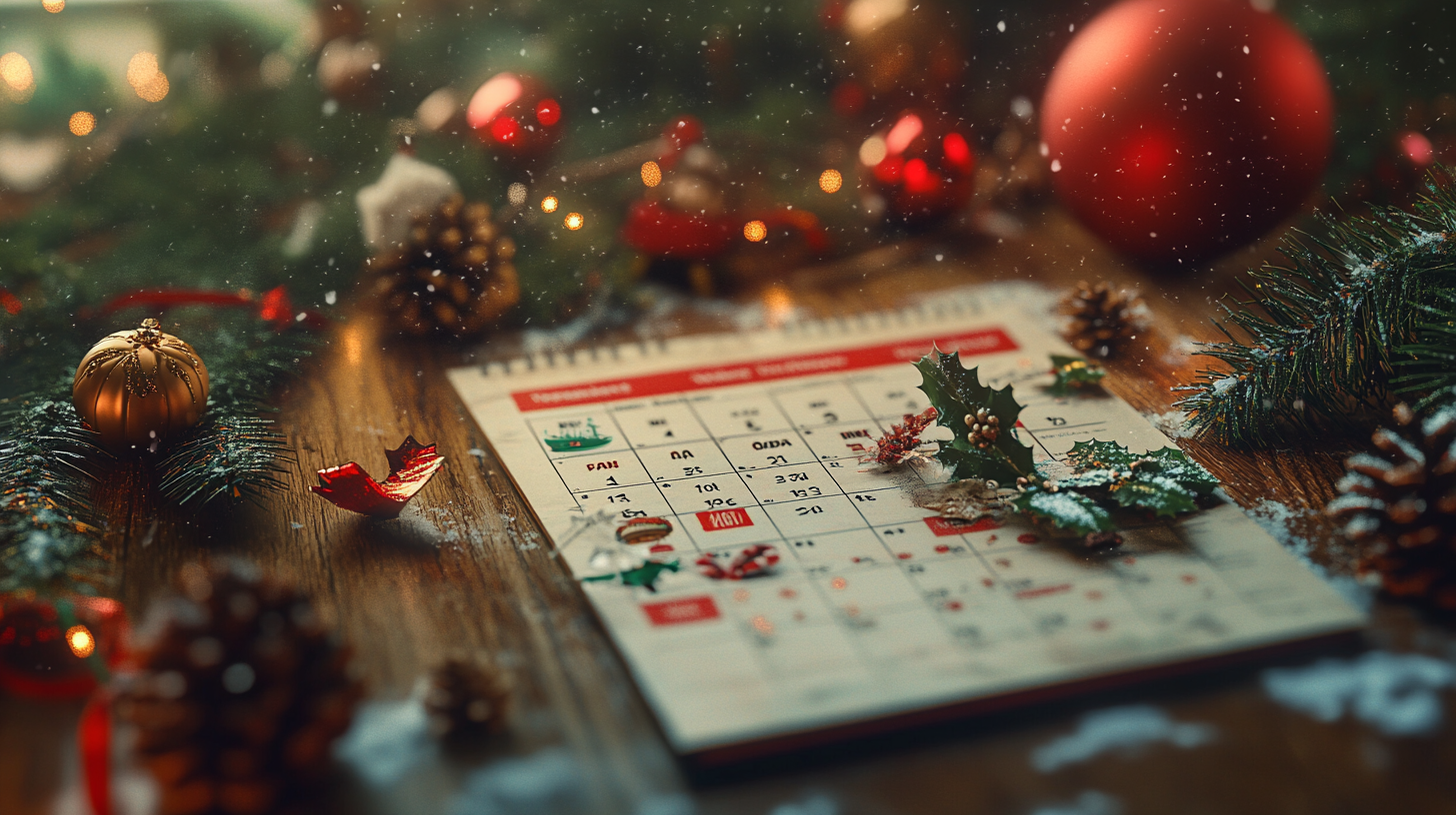 The image shows a festive scene with a calendar open to December, surrounded by Christmas decorations. There are pine branches, pine cones, and red and gold ornaments scattered around. Snowflakes are gently falling, adding to the holiday atmosphere.