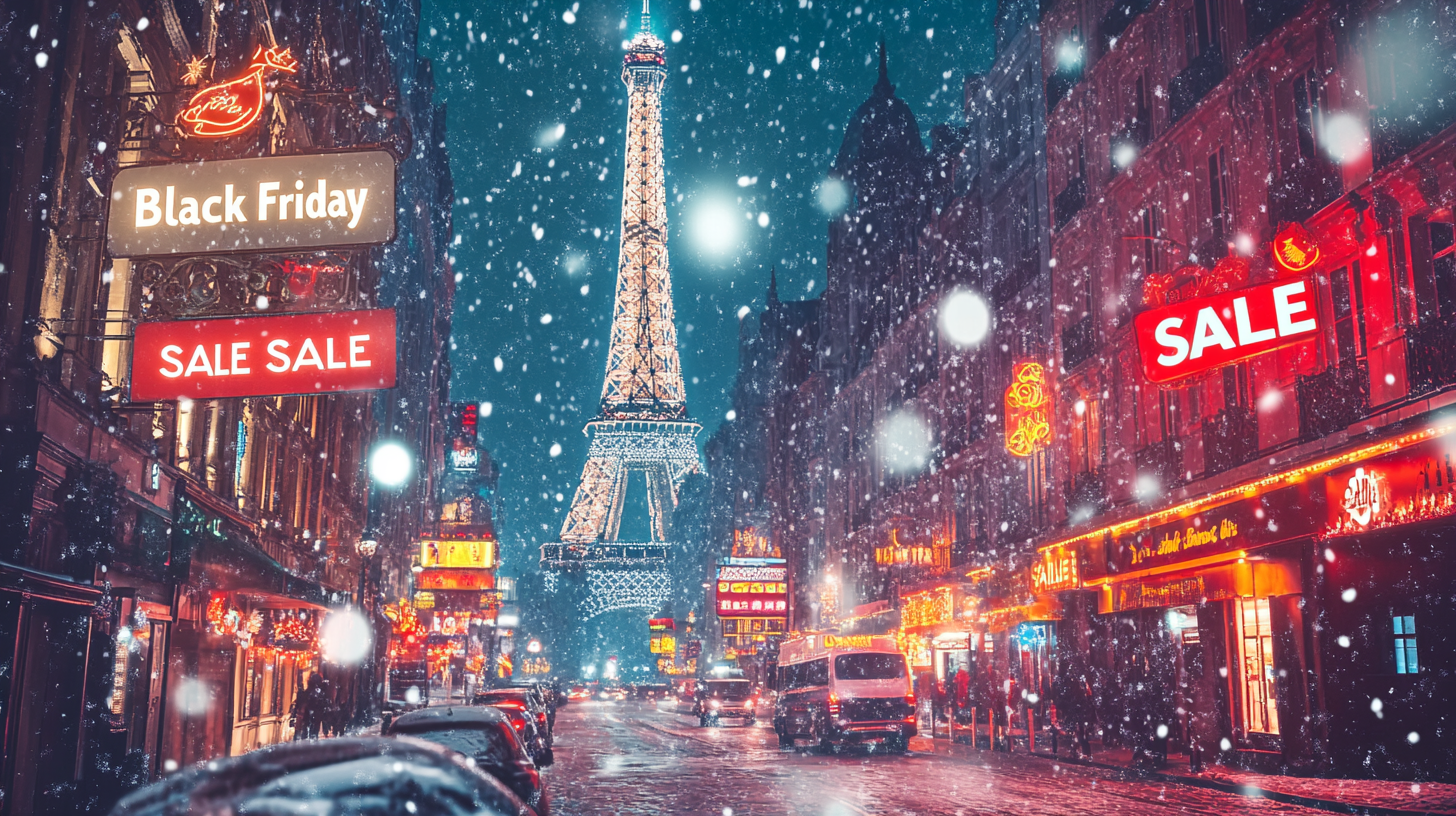 A snowy street scene in Paris with the Eiffel Tower illuminated in the background. The street is lined with buildings displaying bright neon signs advertising "Black Friday" and "SALE." Cars and people are visible on the wet, reflective road, creating a festive and bustling atmosphere.