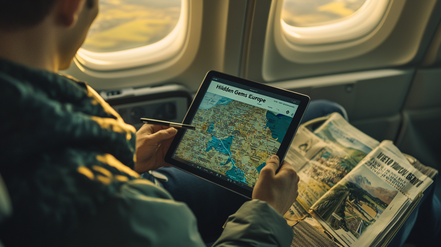 A person is sitting on an airplane, holding a tablet displaying a map titled "Hidden Gems Europe." They are using a stylus to interact with the screen. Next to them is a magazine with images and text. The airplane window shows a view of the landscape outside.