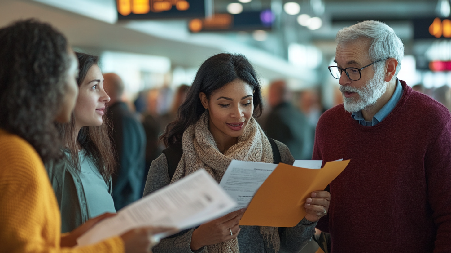 A group of four people is standing together in an airport terminal. They are engaged in conversation and looking at documents, possibly travel itineraries or tickets. The background shows a blurred view of other travelers and airport signage. The group includes a man with a beard and glasses, and three women, one of whom is holding an envelope and papers.