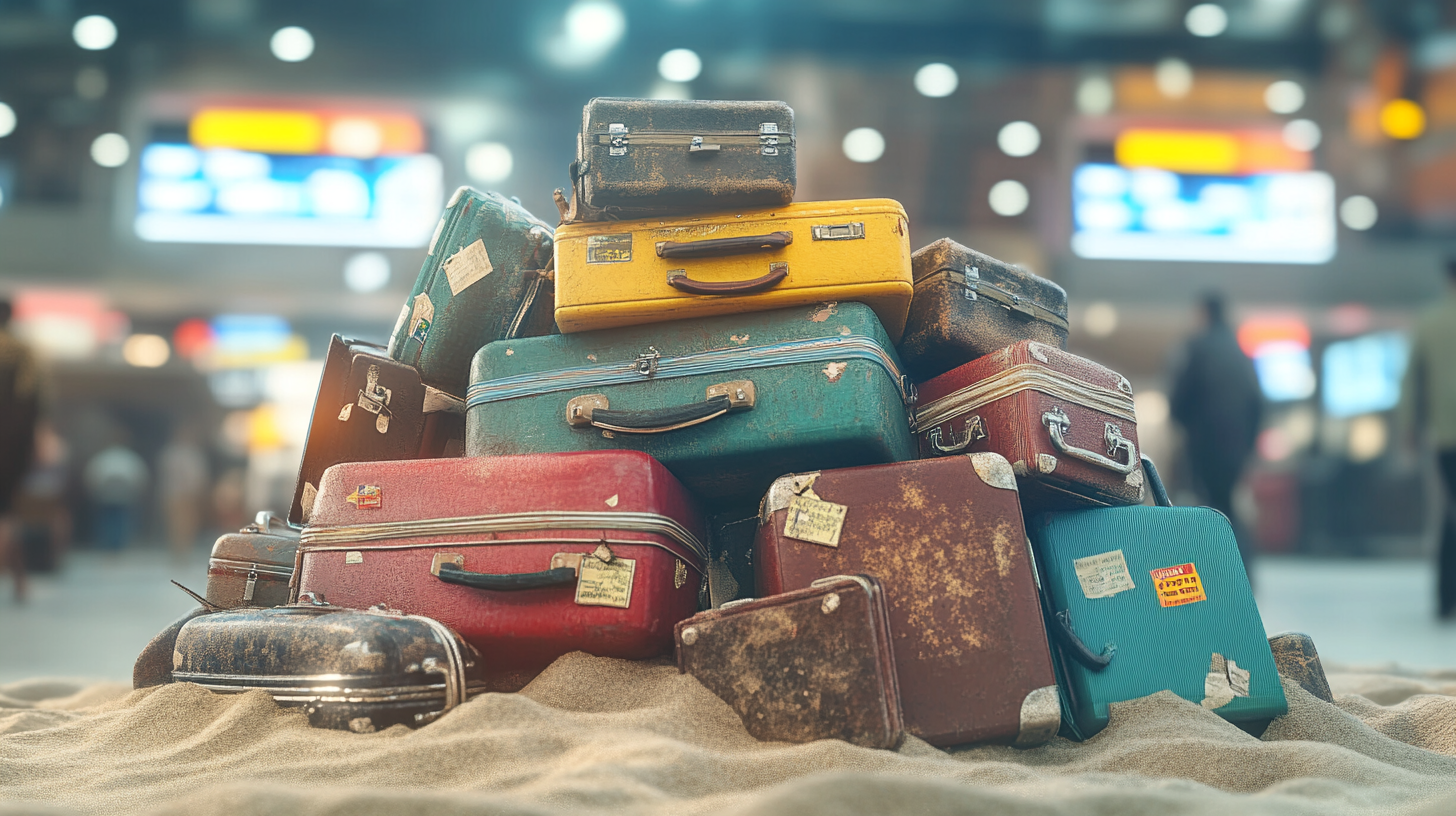 A pile of vintage suitcases in various colors, including red, yellow, and teal, is stacked on a sandy surface. The background is blurred, suggesting an airport or train station setting with people and illuminated signs. The suitcases have visible wear and travel stickers.