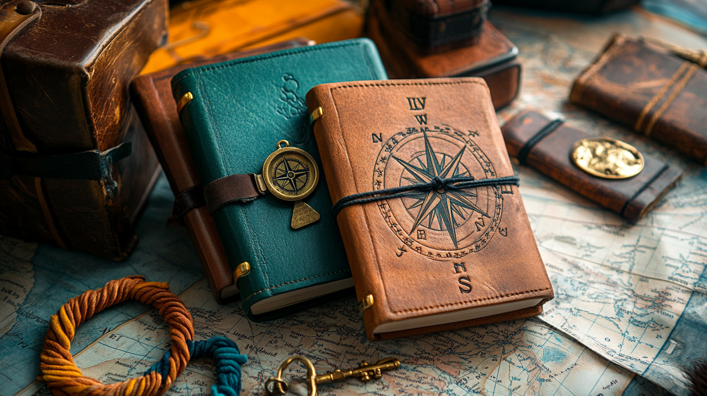 The image shows a collection of vintage-style items arranged on a map. There are two leather-bound journals, one green and one brown, with a compass design on the brown one. A small brass compass pendant is placed on the green journal. Other items include a coiled rope, an antique key, and several leather cases or pouches. The overall theme suggests exploration or travel.