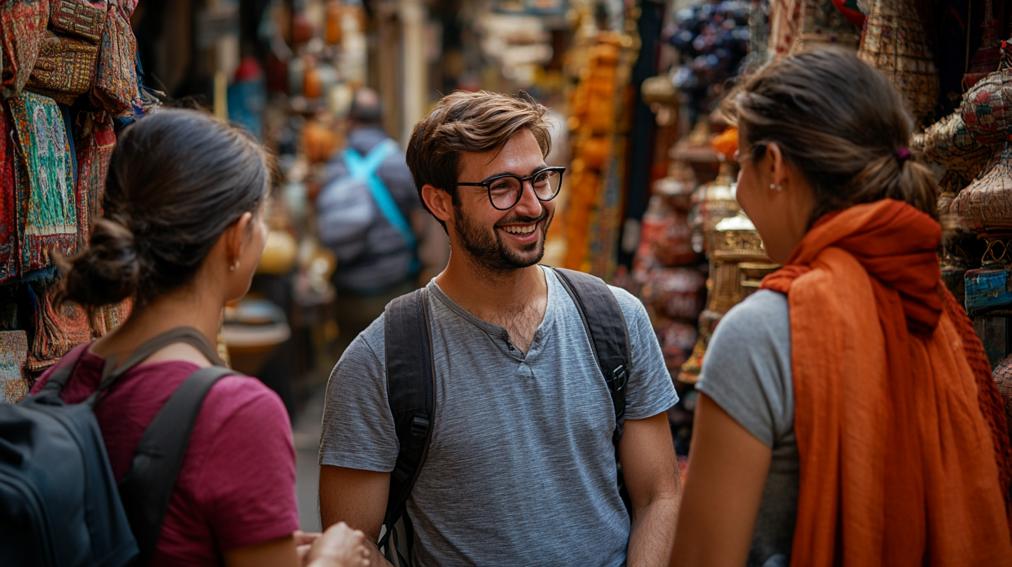 A group of three people are standing and talking in a bustling market. The man in the center is smiling and wearing glasses and a gray shirt. The two women, one on each side, have their backs to the camera. The market is filled with colorful textiles and various goods on display. The atmosphere is lively and vibrant.