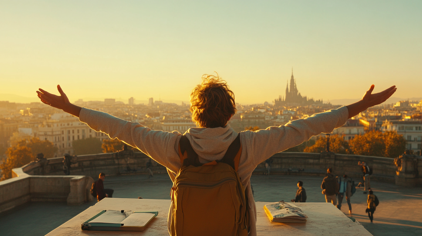 A person with a backpack stands with arms outstretched, facing a cityscape at sunset. The scene includes a distant view of a cathedral and several people walking in the foreground. The warm glow of the setting sun illuminates the city.