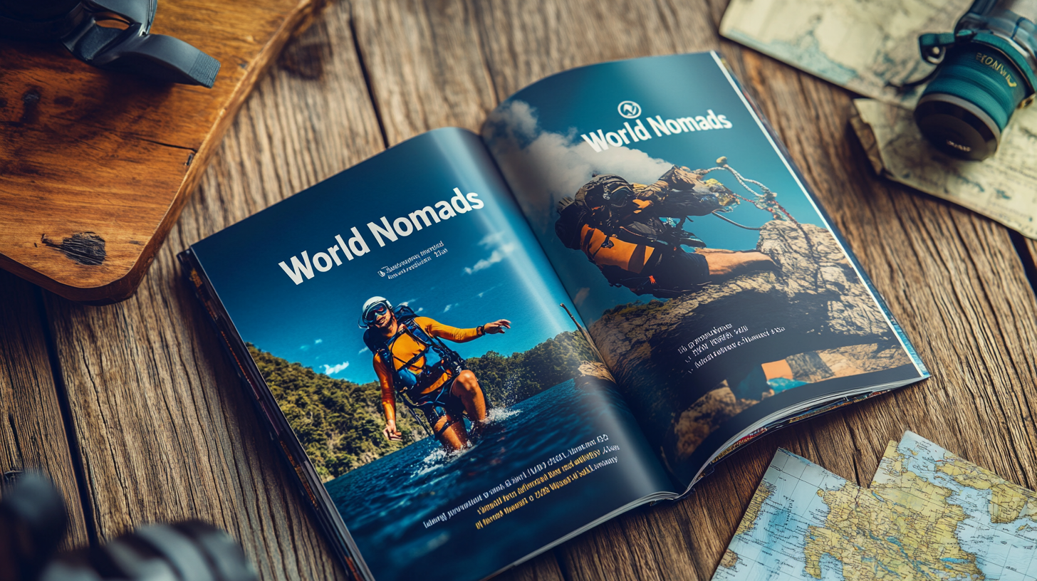 The image shows an open magazine titled 'World Nomads' on a wooden table. The left page features a person in outdoor gear wading through water, while the right page shows a person climbing a rocky surface. Nearby, there are maps and a camera, suggesting a theme of travel and adventure.