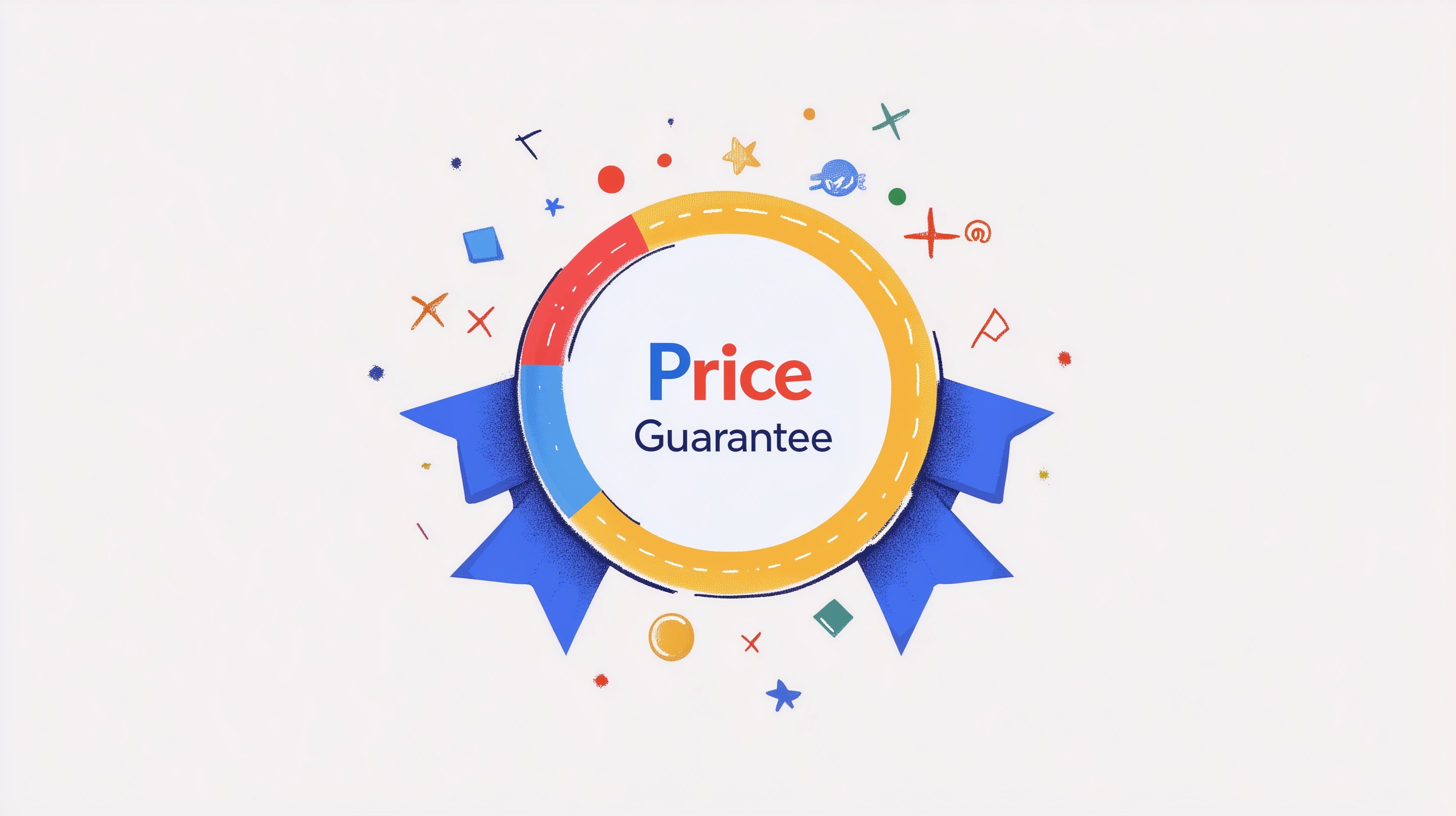 The image features a circular badge with a yellow border and a blue ribbon at the bottom. Inside the circle, the text reads "Price Guarantee" in blue and red letters. Surrounding the badge are various colorful geometric shapes and symbols, such as stars, circles, and squares.