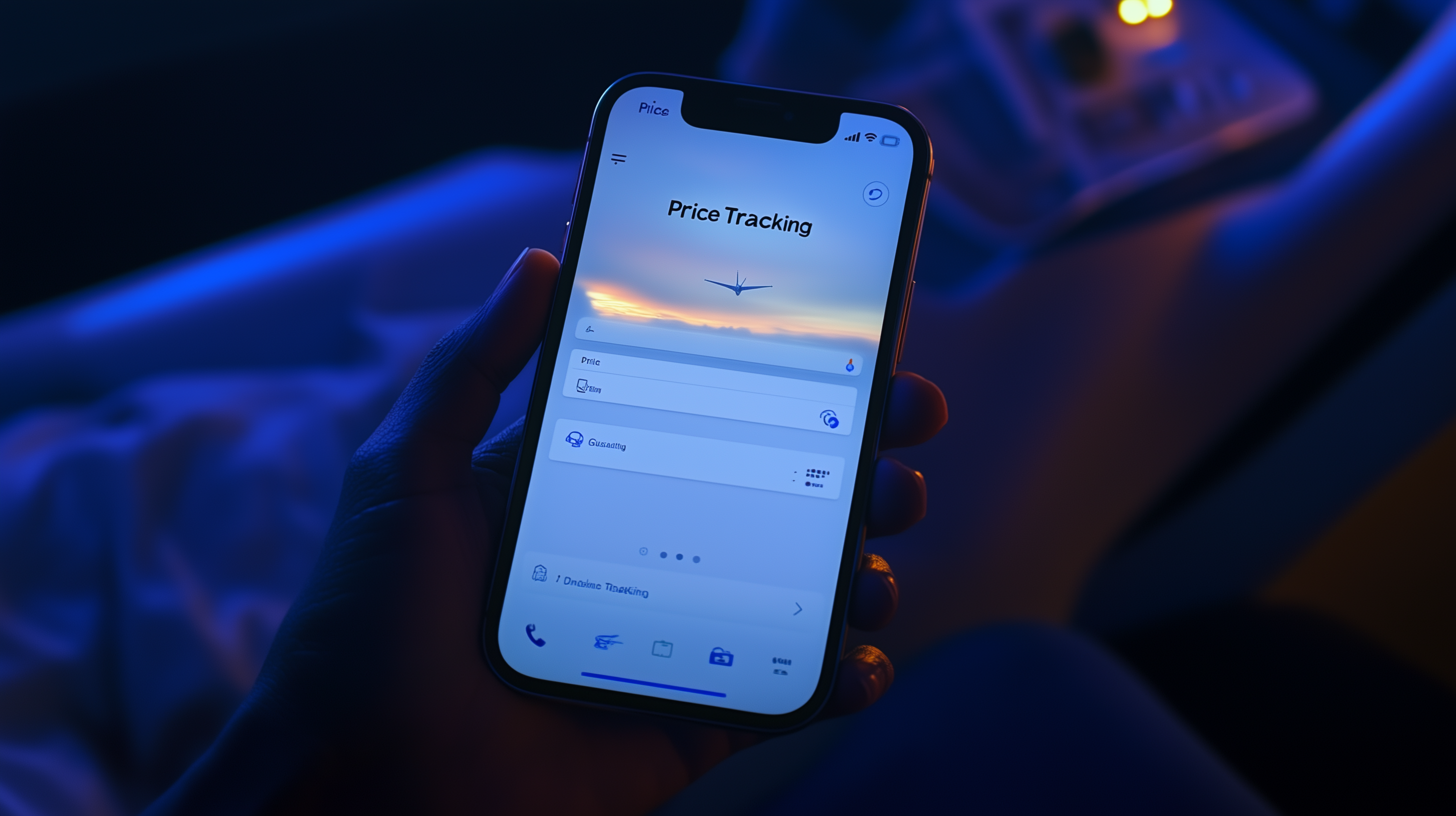 A person is holding a smartphone displaying a "Price Tracking" app interface. The screen shows an airplane icon and fields for entering price and location details. The background is dimly lit, suggesting a relaxed or nighttime setting.
