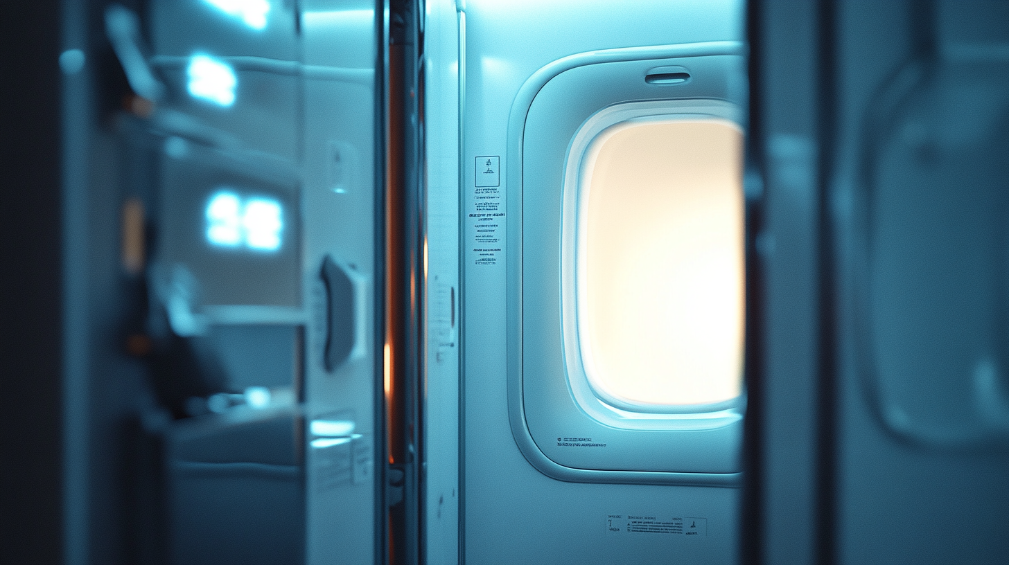 The image shows the interior of an airplane, focusing on a window with soft lighting. The surrounding area includes parts of the cabin wall and a door handle, with a cool blue color tone.