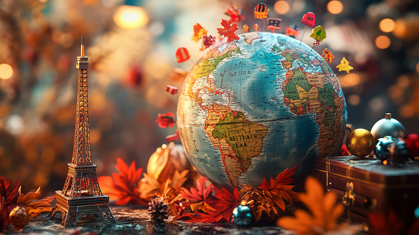 The image features a small model of the Eiffel Tower next to a globe. The globe is adorned with small, colorful pins shaped like various objects. Surrounding the globe and tower are autumn leaves and decorative ornaments, creating a festive and warm atmosphere.