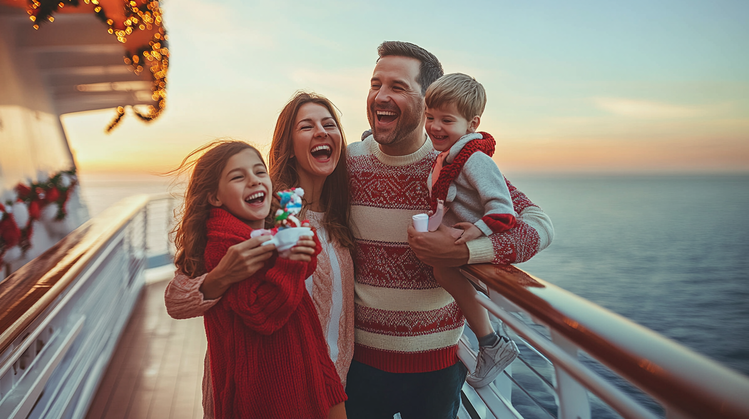 A family of four is standing on the deck of a ship, smiling and laughing together. They are dressed in cozy winter clothing, with the father and mother in festive sweaters. The young girl is holding a small toy, and the boy is being held by the father. The background shows a sunset over the ocean, with holiday decorations visible on the ship.