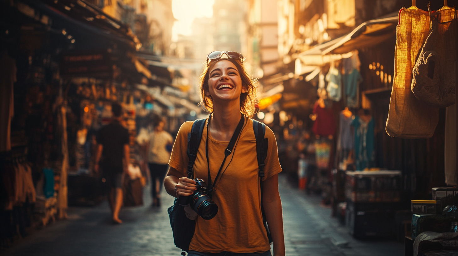 A woman is walking through a bustling market street, smiling broadly. She is wearing a yellow shirt and sunglasses on her head, carrying a camera and a backpack. The market is lively, with various stalls and hanging items visible in the background, bathed in warm, golden sunlight.