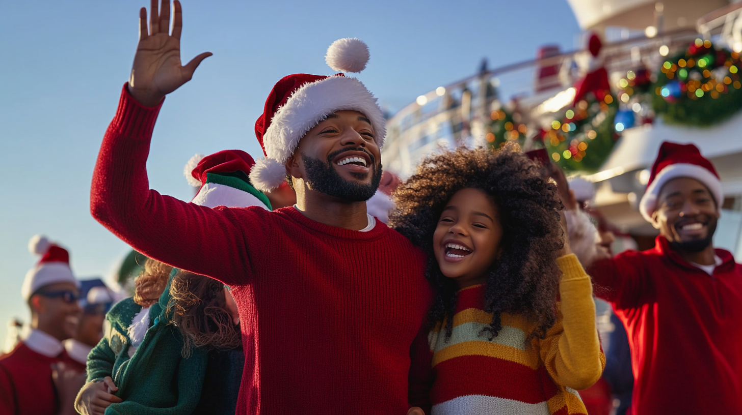 a man and child in santa hats