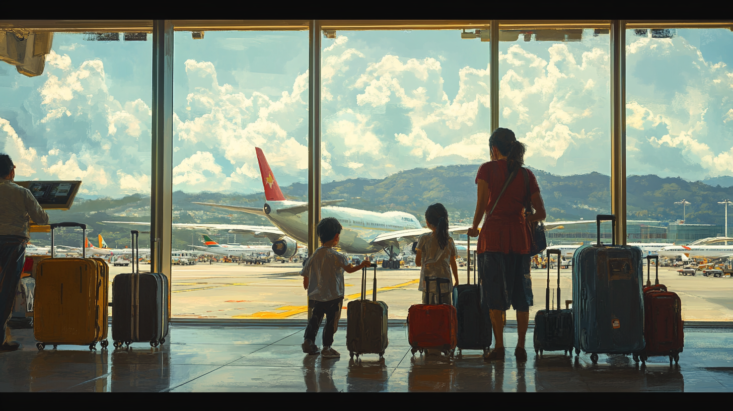 A family stands at an airport terminal window, looking out at a large airplane on the tarmac. The scene includes a woman and two children, each with rolling suitcases. The sky is bright with scattered clouds, and mountains are visible in the background. Other planes and airport activity can be seen outside.