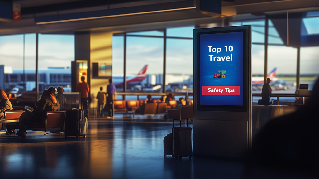 The image shows an airport terminal with people sitting and waiting. In the foreground, there is a digital sign displaying "Top 10 Travel Safety Tips." In the background, large windows reveal airplanes on the tarmac. The scene is well-lit with natural light coming through the windows.