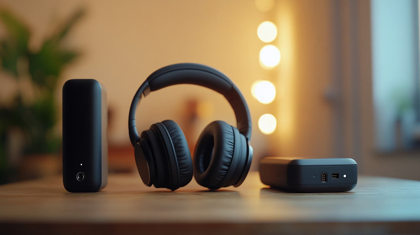 The image shows a pair of black over-ear headphones placed on a wooden surface. To the left of the headphones is a tall, black rectangular device with a small light indicator. To the right is a smaller black rectangular device with visible ports. The background is softly blurred with warm lighting and some greenery.