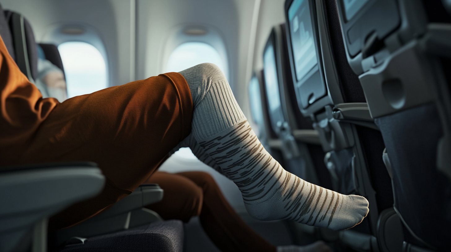 A person wearing orange pants and patterned socks is sitting in an airplane seat with their legs crossed. The view shows the back of the airplane seats, each equipped with a screen. The cabin is well-lit, and the window in the background reveals a bright sky.