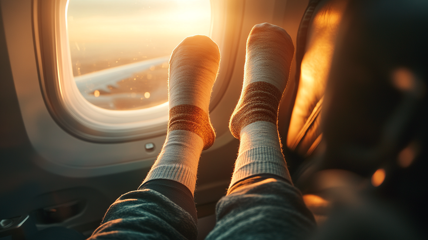 A person wearing cozy socks is relaxing with their feet up on an airplane seat, looking out the window at a sunset. The warm light from the sunset illuminates the cabin interior.