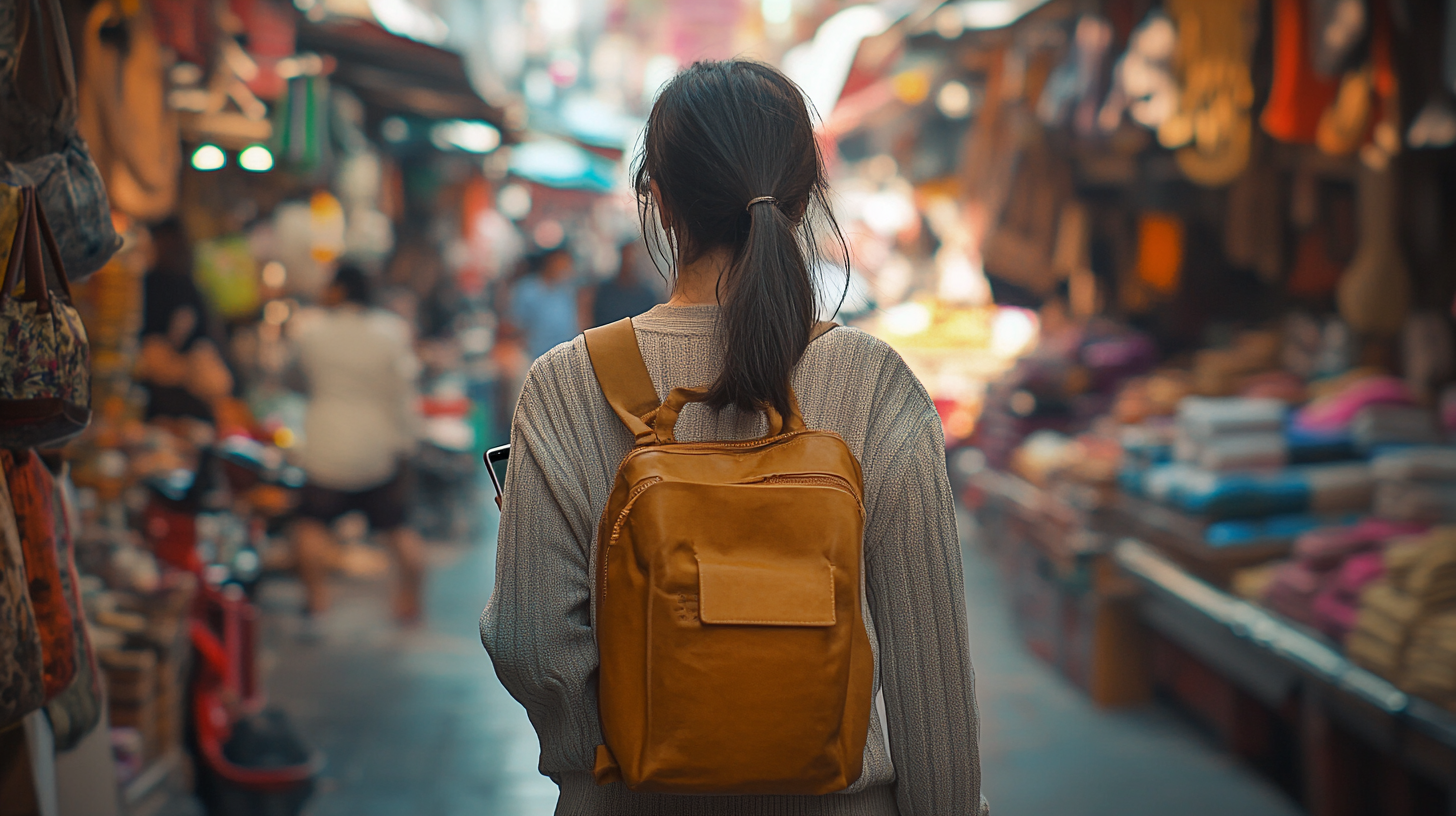 A person with long hair, wearing a sweater and a brown backpack, is walking through a busy market. The market is filled with various stalls displaying colorful goods, and the scene is bustling with people. The focus is on the person from behind, and the background is slightly blurred.