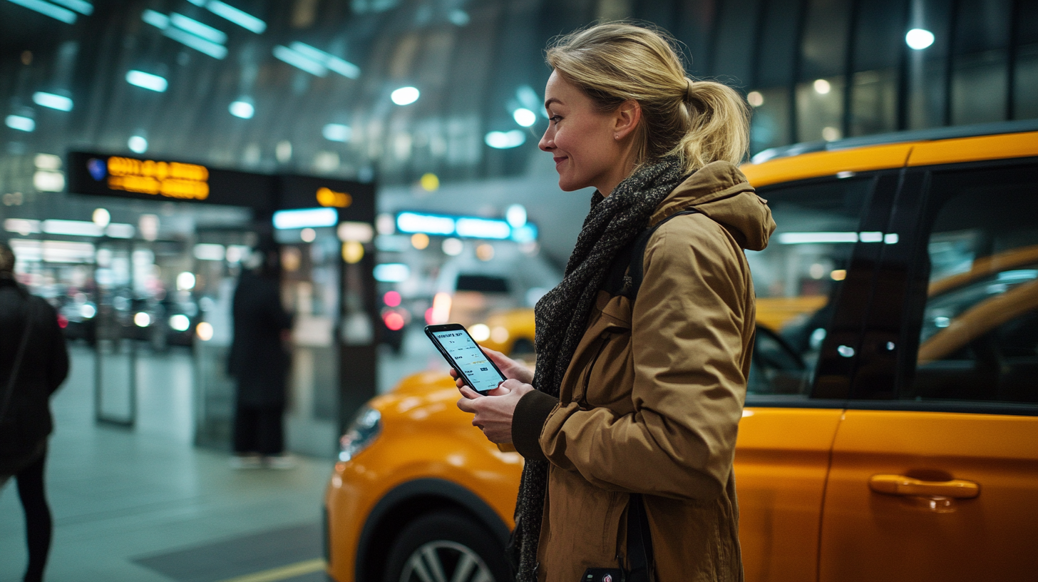 A woman is standing in an indoor area, possibly an airport or train station, holding a smartphone. She is wearing a brown jacket and a scarf. In the background, there is a yellow car and blurred signage with lights, suggesting a busy environment.