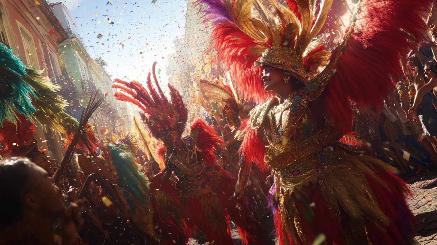 A vibrant street parade with people wearing elaborate, colorful costumes adorned with feathers and sequins. The scene is filled with confetti falling from the sky, and the sun is shining brightly, creating a festive and lively atmosphere. The crowd is celebrating, and the buildings in the background add to the festive setting.