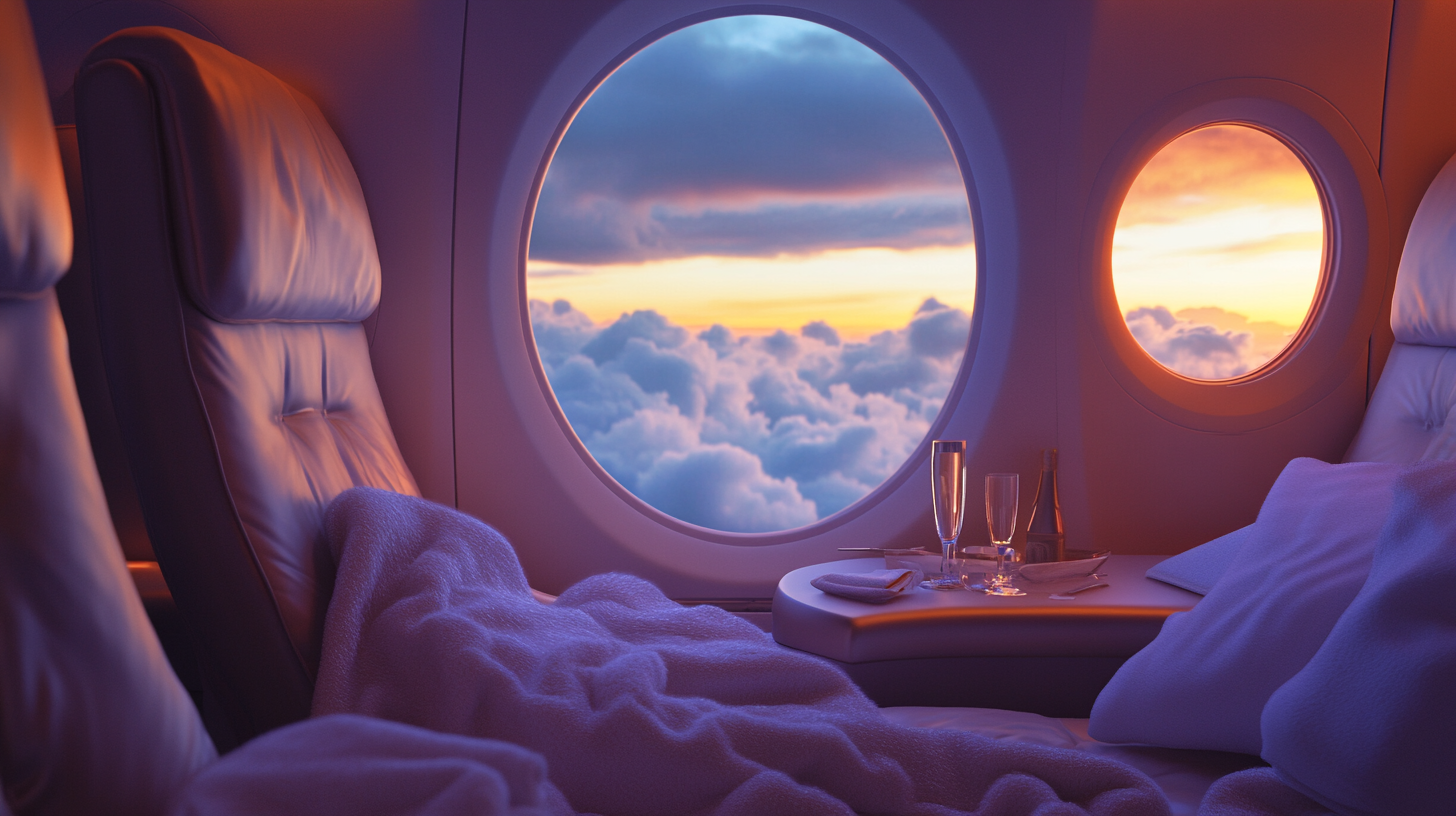 The image shows a luxurious airplane interior with plush reclining seats covered in a soft blanket. There are two round windows displaying a view of clouds and a colorful sunset. A small table between the seats holds two champagne glasses and a bottle, creating an elegant and comfortable atmosphere.