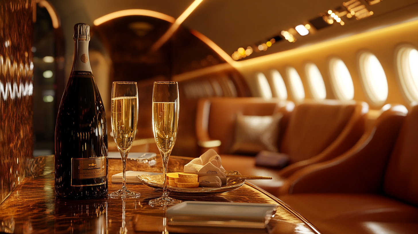 The image shows a luxurious interior of a private jet. In the foreground, there is a bottle of champagne and two filled champagne flutes on a polished wooden table. Next to them is a plate with lemon slices and a folded napkin. The background features plush leather seating and softly lit windows, creating an elegant and comfortable atmosphere.