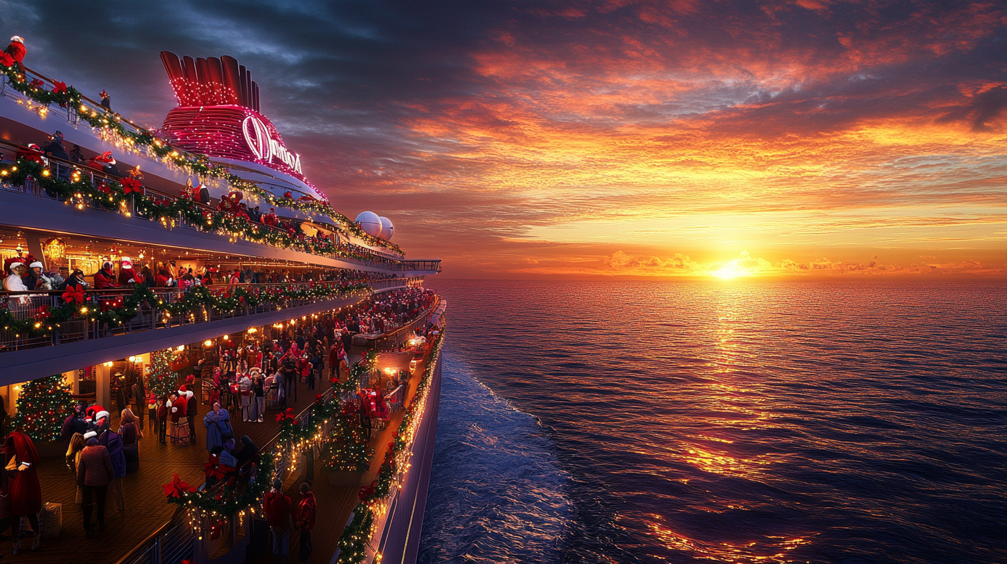 The image shows a festive cruise ship decked out with Christmas decorations, including garlands and lights. People are gathered on the decks, many wearing Santa hats, enjoying the holiday atmosphere. The ship is sailing on a calm ocean during a vibrant sunset, with the sun casting a warm glow over the water and sky.