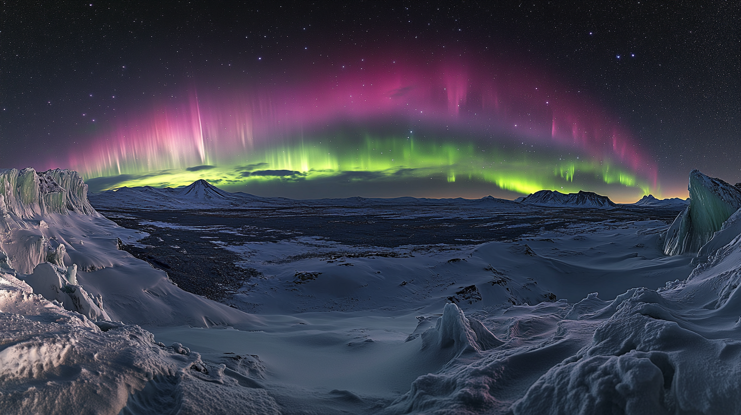 A breathtaking view of the Northern Lights, with vibrant pink and green auroras illuminating the night sky. The foreground features a snowy landscape with jagged ice formations, and distant mountains are silhouetted against the colorful display. Stars are visible in the clear sky above.