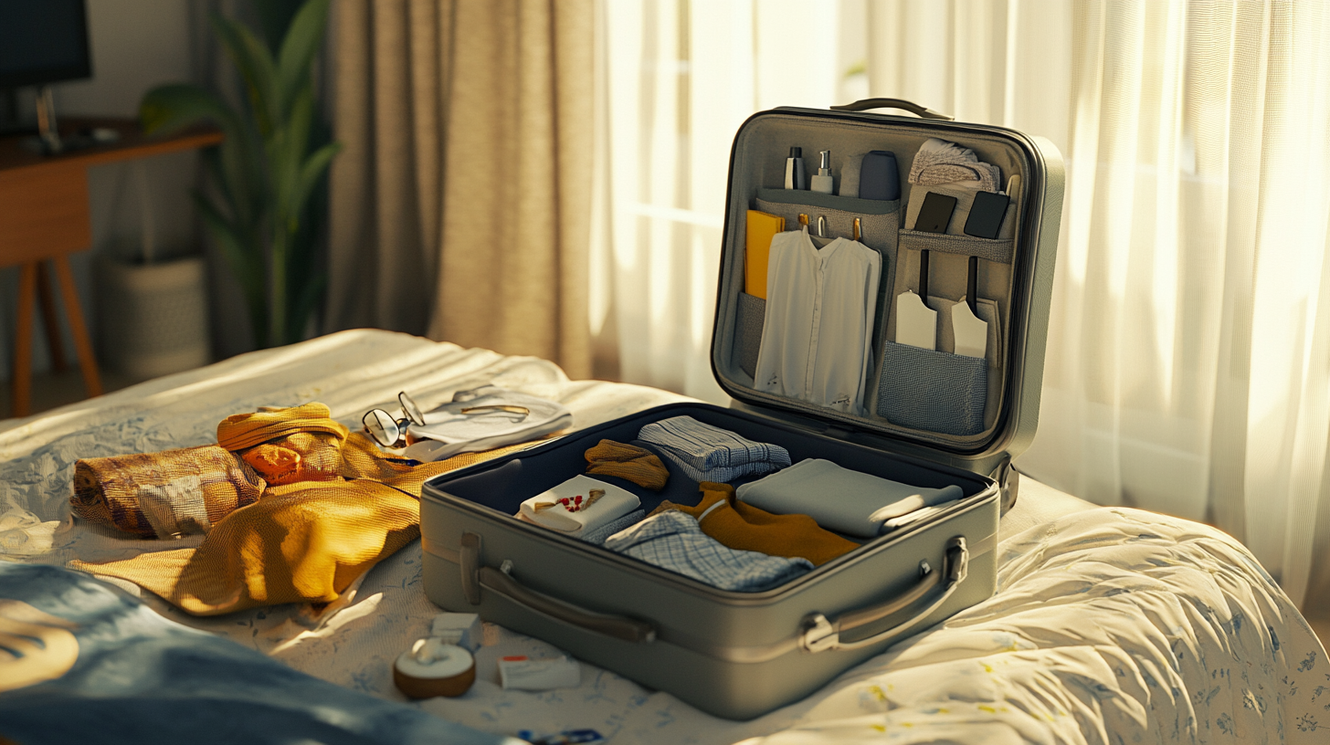 A neatly packed suitcase is open on a bed in a sunlit room. Inside the suitcase, there are folded clothes, a pair of socks, and various toiletries organized in compartments. On the bed next to the suitcase, there are a pair of glasses, a rolled-up towel, and some small items like a watch and a few containers. The room has a cozy atmosphere with curtains allowing soft light to filter in.